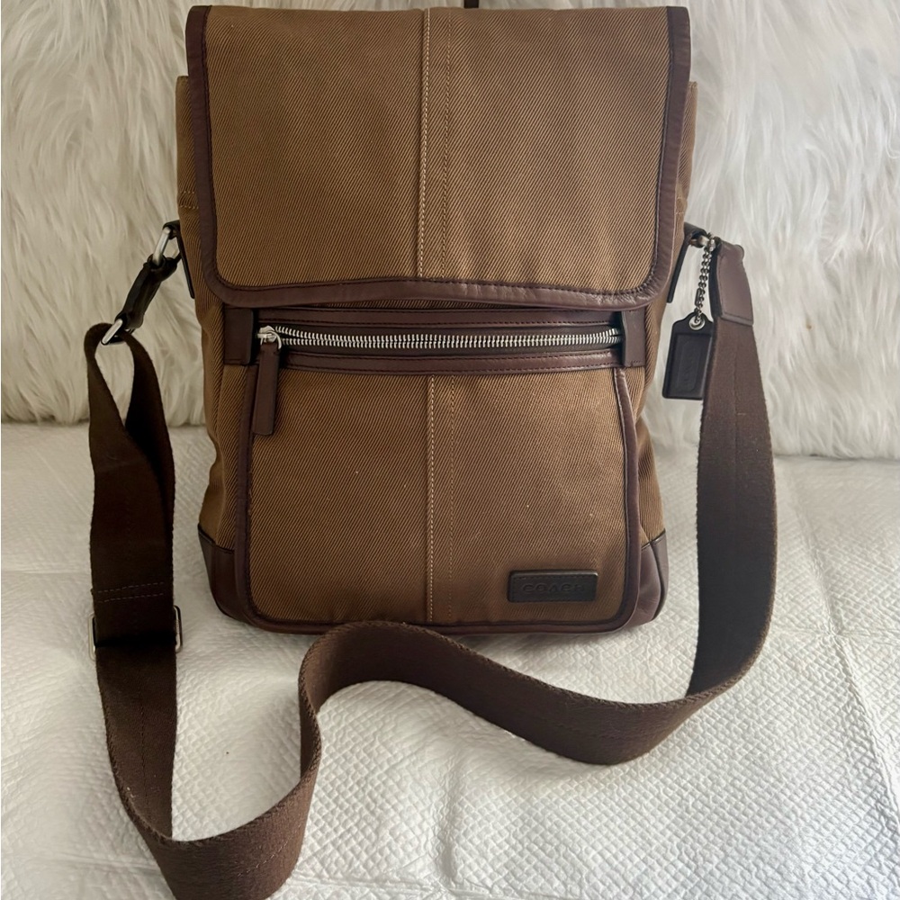Coach Brown Canvas Messenger Bag with Dark Brown Trim